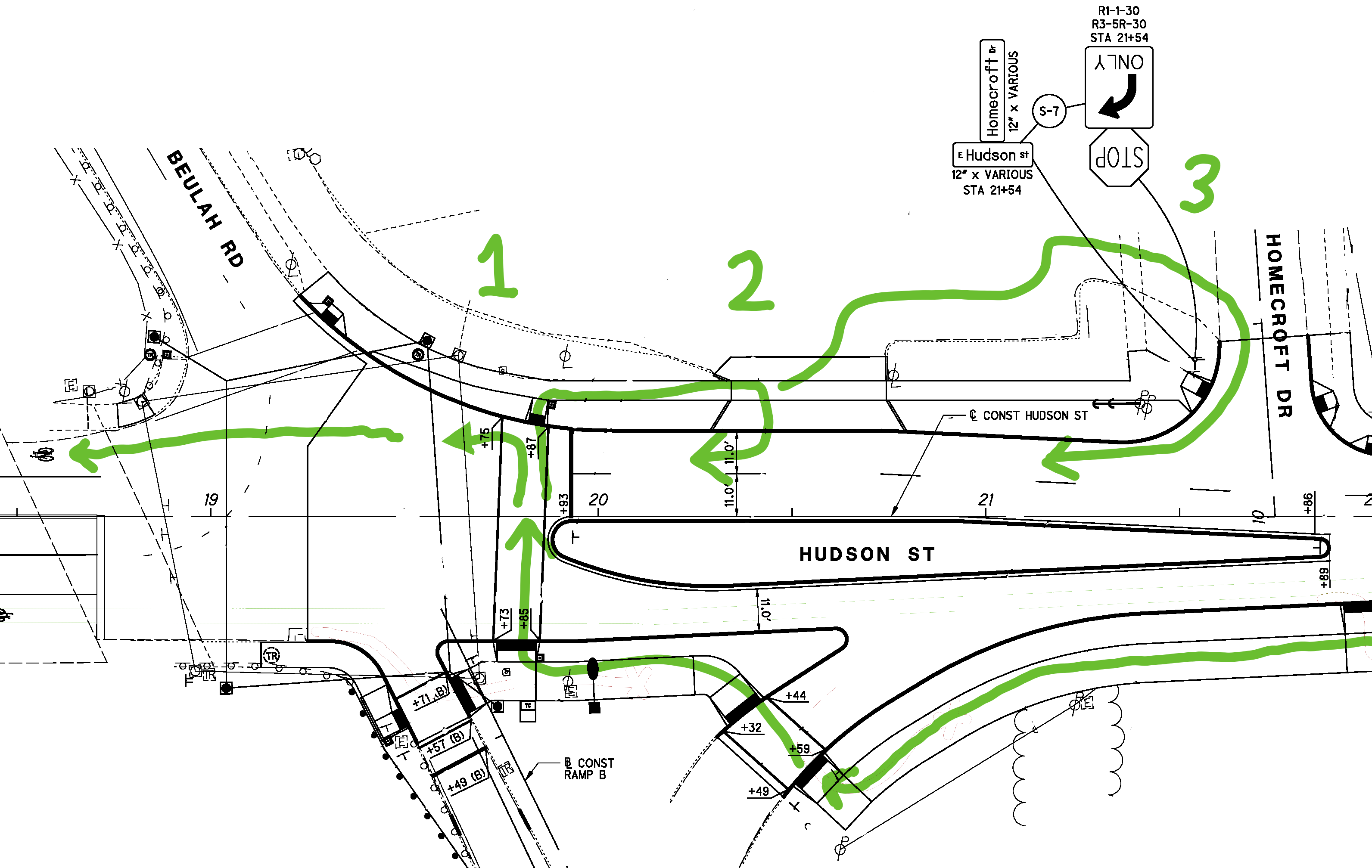 A bike path through the intersection is drawn in green. The path starts on the shared-use path, crosses Hudson at the crosswalk, and then uses three different strategies, detailed below, to head west.