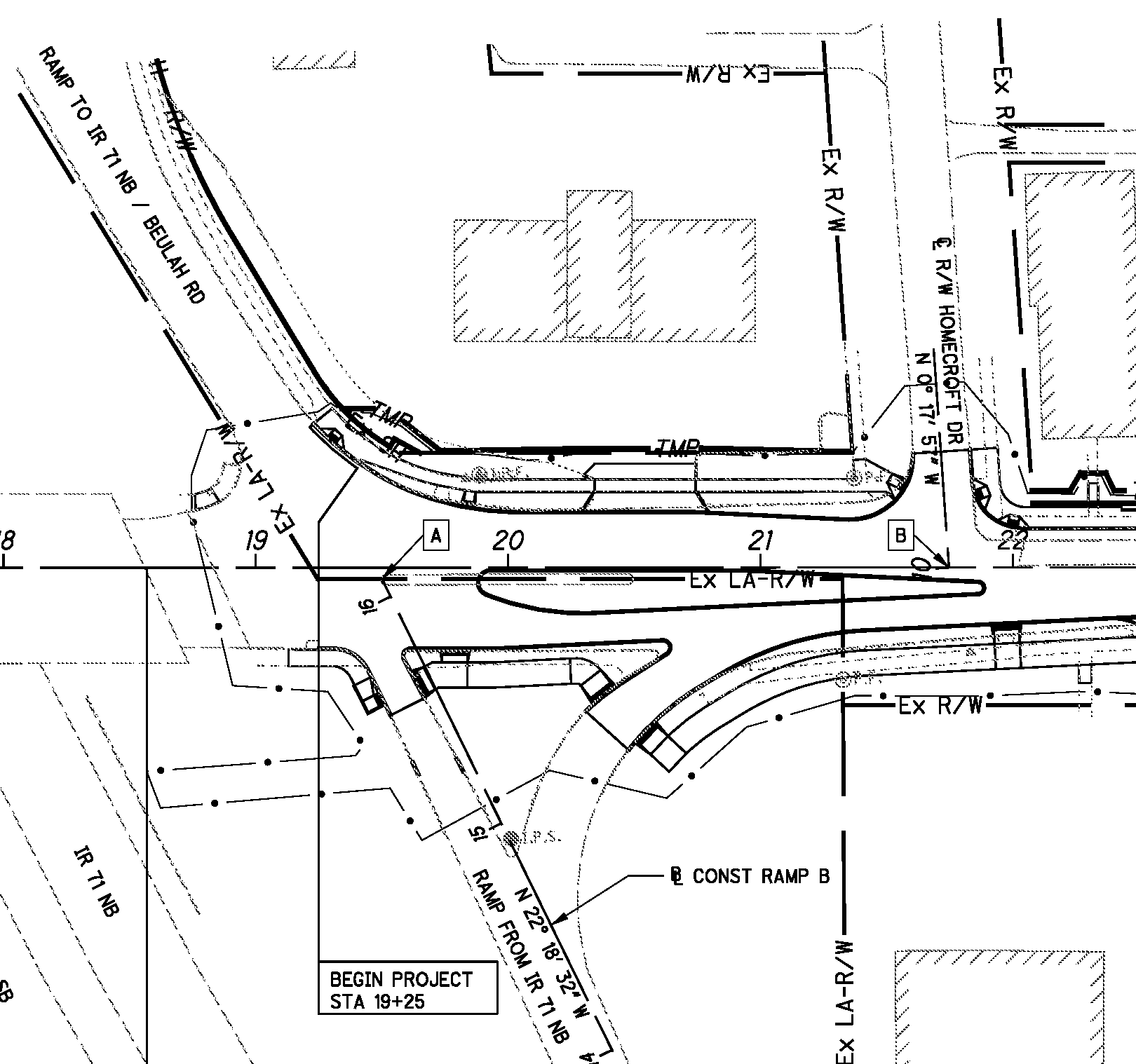 An outline of the intersection of Hudson Street at the I-71 Northbound ramp, the Shell station, and the intersection with Homecroft Drive. The concrete median between the two sides of Hudson has grown bigger, narrowing eastbound Hudson to one lane with no space for passing, and blocking left turns from eastbound Hudson onto Homecroft.