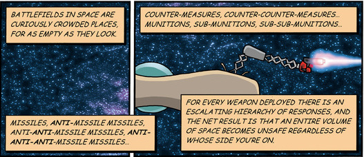 "Battlefields in space are curiously crowded places, for as empty as they look. Missiles, Anti-missile missiles, anti-anti-missile missiles, anti-anti-anti-missile missiles... Counter-measures, counter-counter-measures... Munitions, sub-munitions, sub-sub-munitions... For every weapon deployed there is an escalating hierarchy of responses, and the net result is that an entire volumne of space becomes unsafe regardless of whose side you're on." Schlock Mercenary, March 16, 2005. Book 6: Resident Mad Scientist -- Part IV: Old Habits Die Hard.