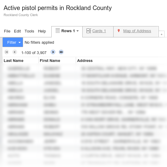 The Rockland County Google Fusion Table, with addresses and names blurred out.