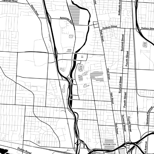Ohio State University's Columbus, Ohio campus, picked out in red on a black-and-white map of Columbus Ohio. Maps by Stamen Design.