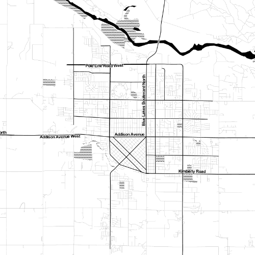 Twin Falls, Idaho, displayed as a black-and-white map. Maps by Stamen Design.
